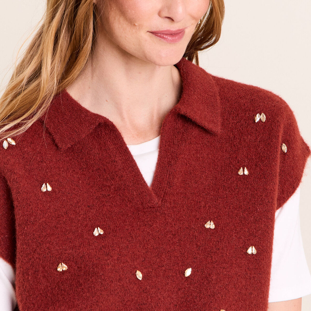 Pull sans manches col chemise orange fonc&eacute; femme