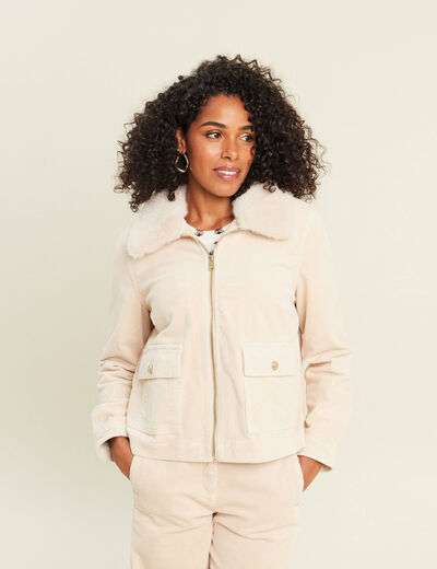Blouson droit velours manches longues sable femme