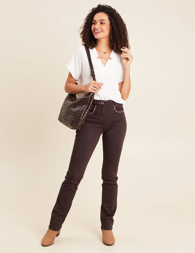 Pantalon droit taille haute marron fonc&eacute; femme