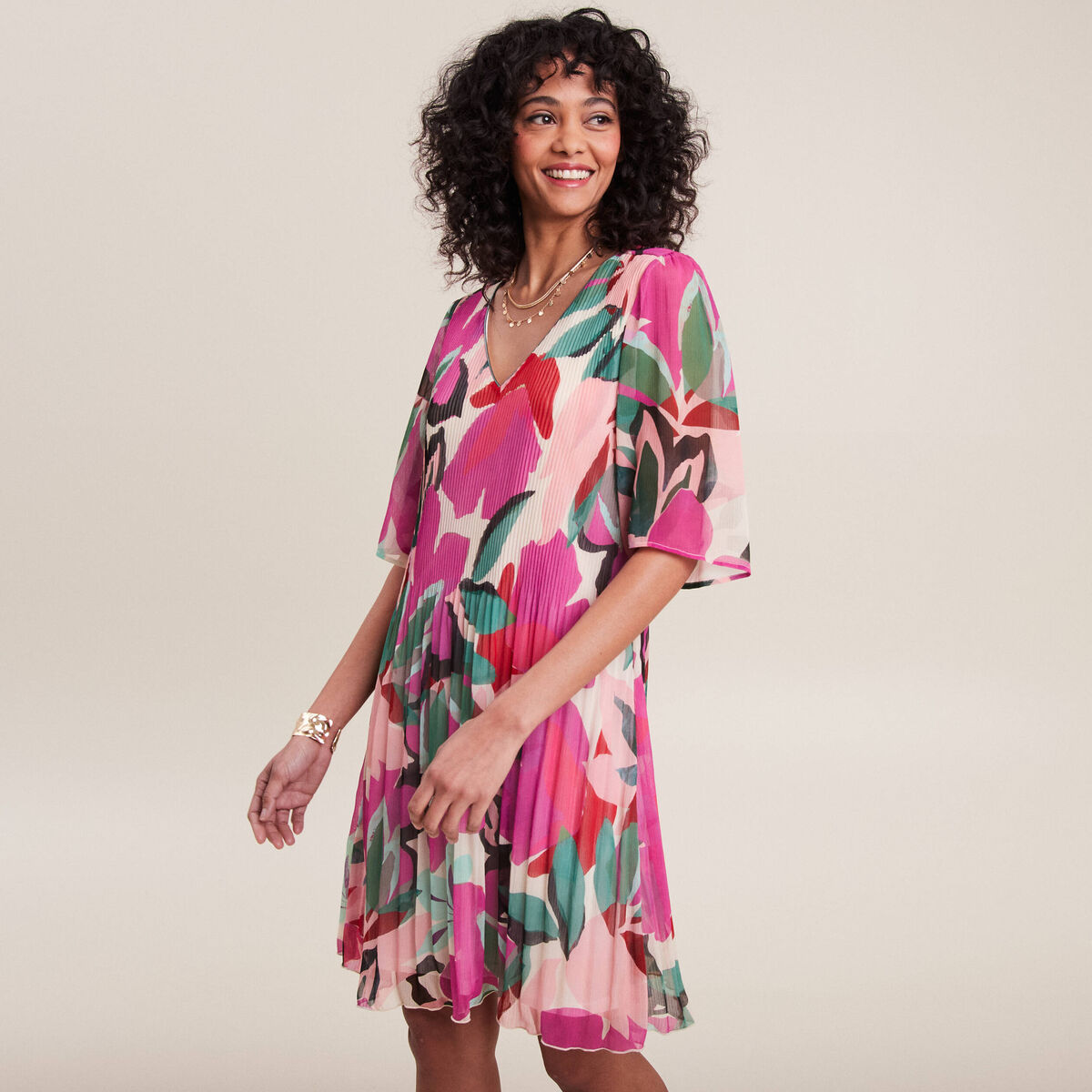 Robe évasée plissée multicolore femme