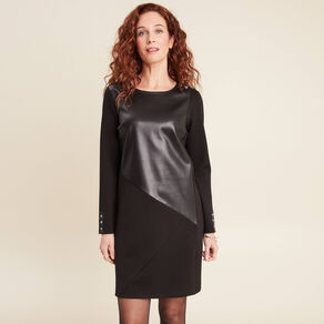 Robe droite détail simili cuir noir femme