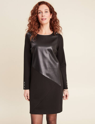 Robe droite détail simili cuir noir femme