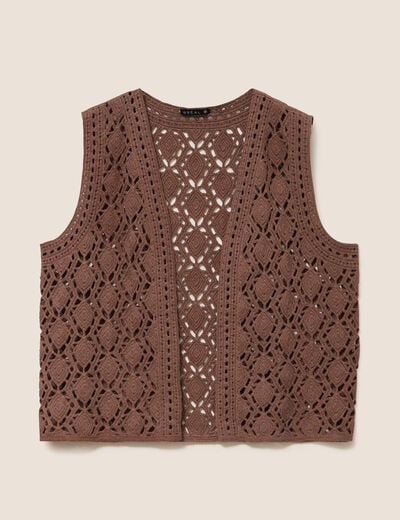 Gilet ajour&eacute; coupe droite courte marron femme