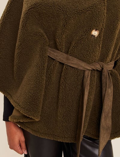 Poncho boutonn&eacute; ceintur&eacute; vert kaki femme