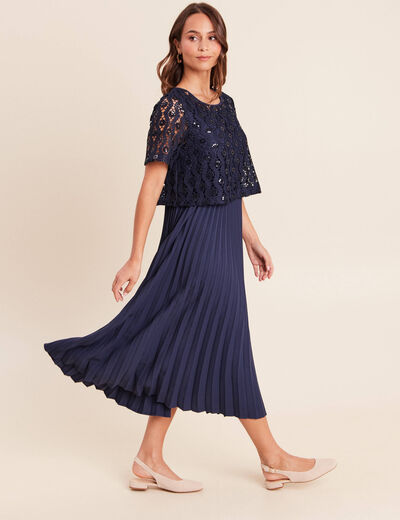 Robe 2 en 1 pliss&eacute;e col rond bleu marine femme