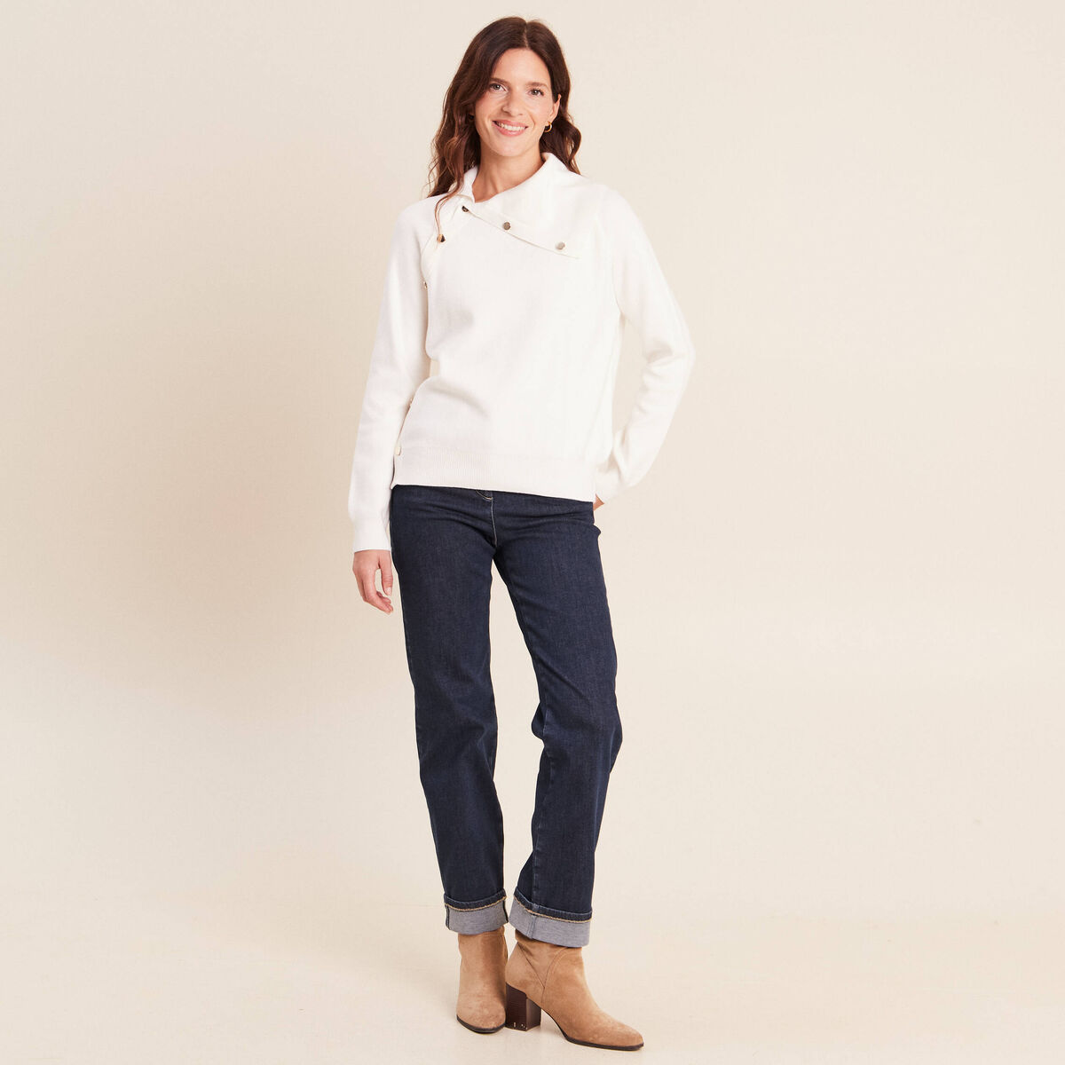 Pull droit col montant manches longues ecru femme