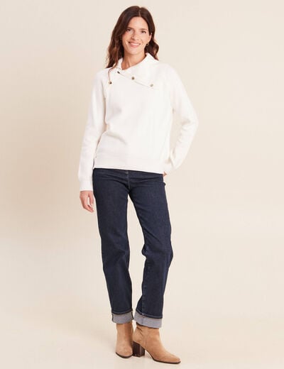 Pull droit col montant manches longues ecru femme