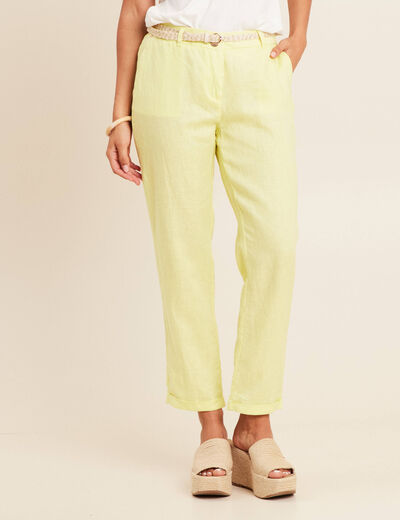 Pantalon coupe chino en lin ceintur&eacute; jaune clair femme