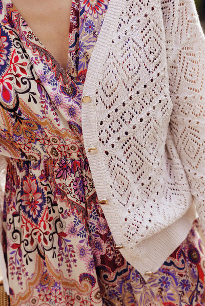 Gilet boutonné ajouré ecru femme