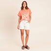 T-shirt col rond manches courtes sequins orange fluo femme