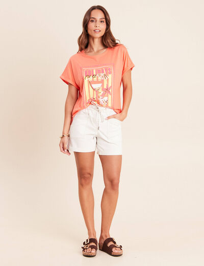 T-shirt col rond manches courtes sequins orange fluo femme