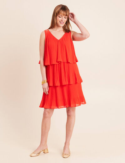 Robe pliss&eacute;e sans manches col v orange fonc&eacute; femme