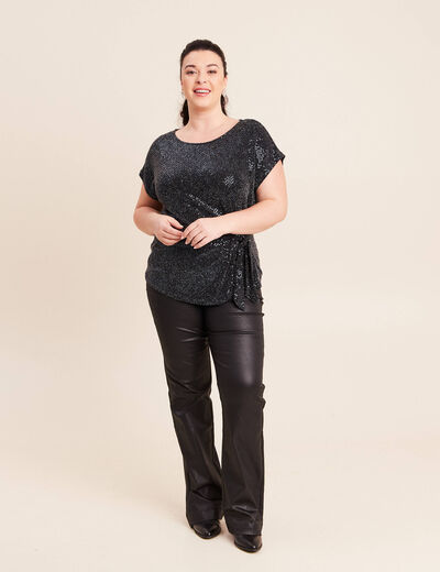 T-shirt cintr&eacute; &agrave; sequins col rond bleu marine femme