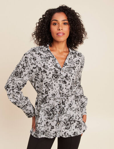 Tunique ceintur&eacute;e col chemise fluide noir femme