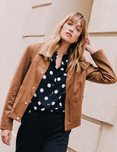 Veste courte doubl&eacute;e marron fonc&eacute; femme