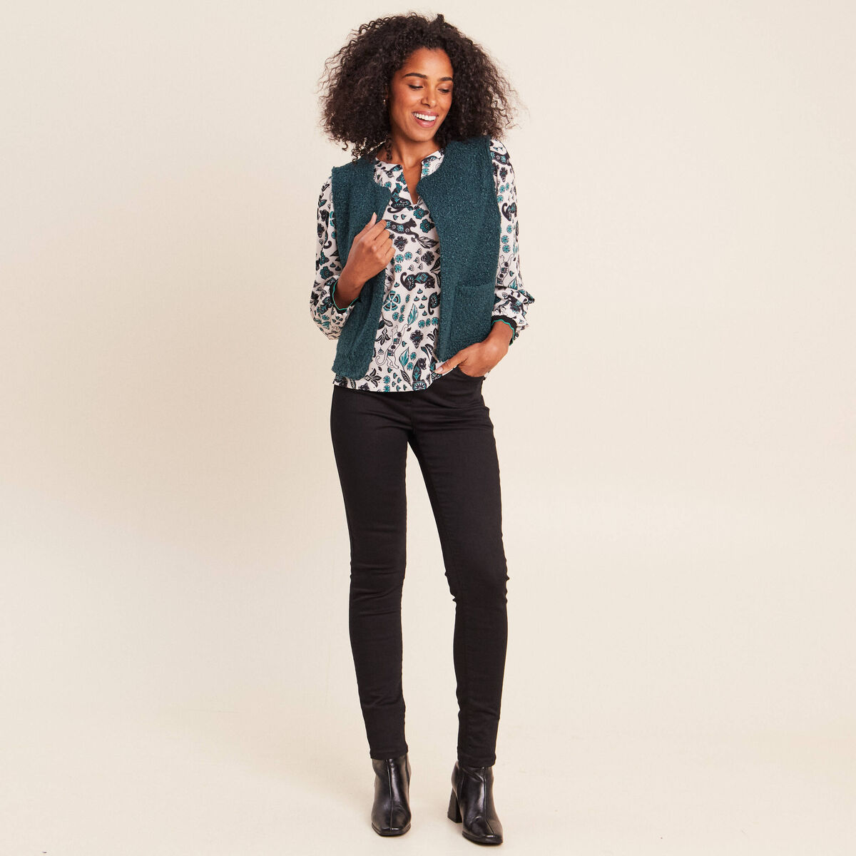 Blouse col tunisien manches longues blanc femme
