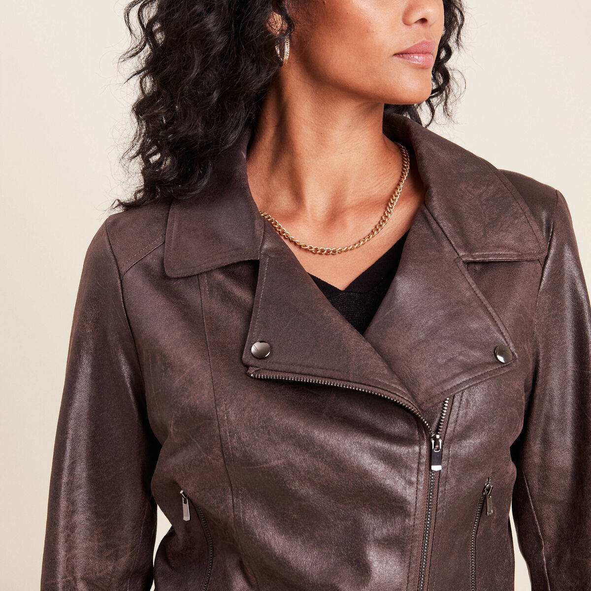 Veste esprit motard zippée marron foncé femme