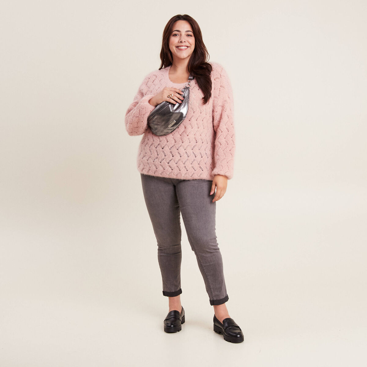 Pull manches longues ajour&eacute; vieux rose femme