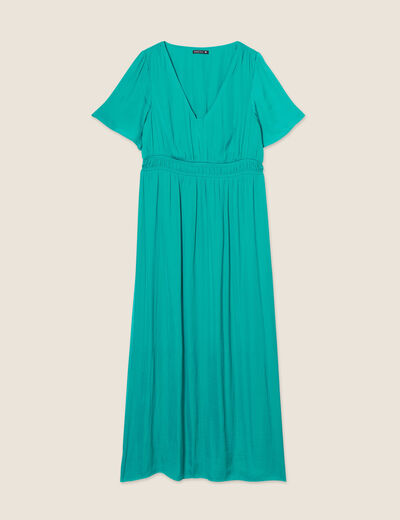 Robe longue évasée satin bleu turquoise femme