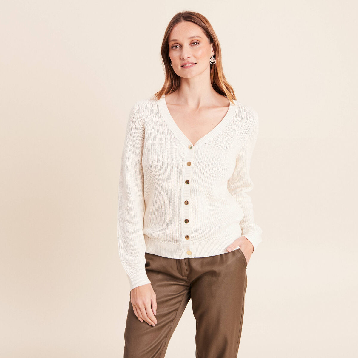 Gilet col v manches longues ecru femme