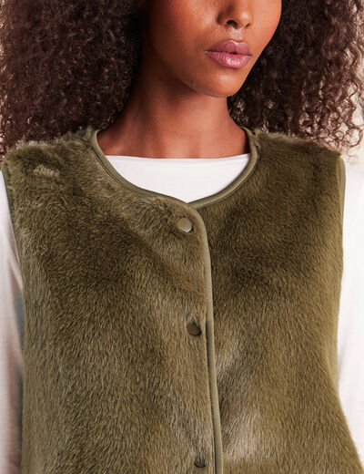 Gilet droit sans manches fausse fourrure vert kaki femme