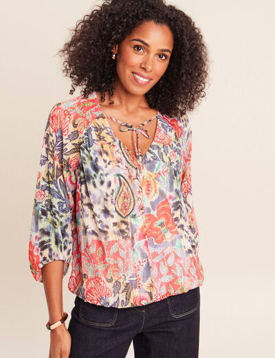 Blouse cintr&eacute;e col v manches 3/4 multicolore femme