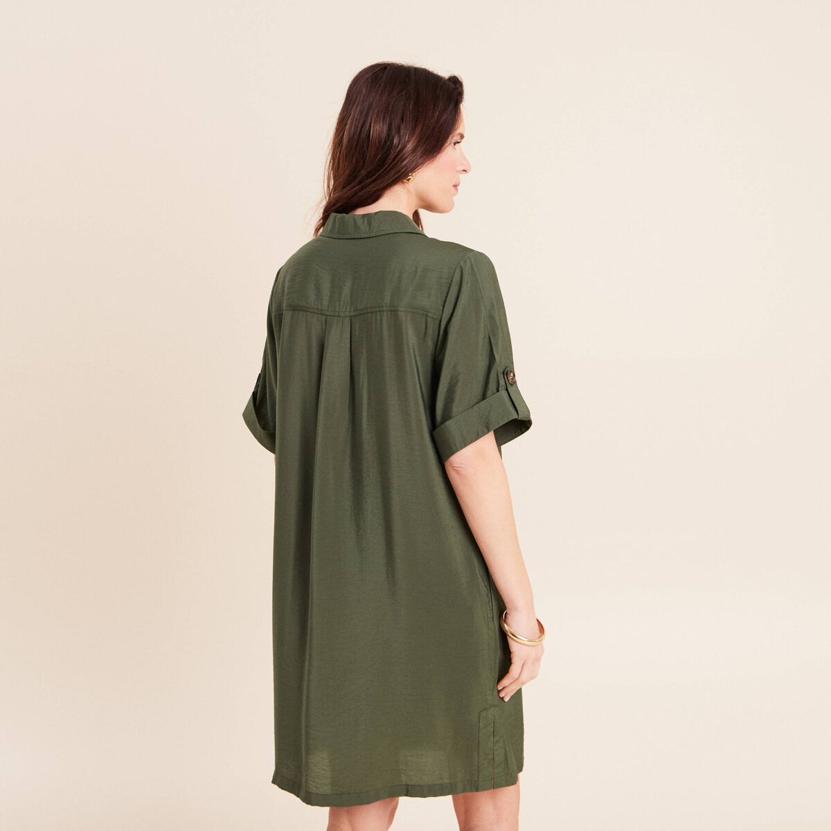Robe droite courte col chemise vert kaki femme