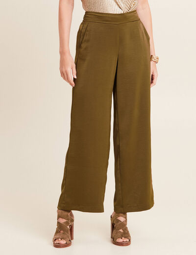 Pantalon large satin vert olive femme