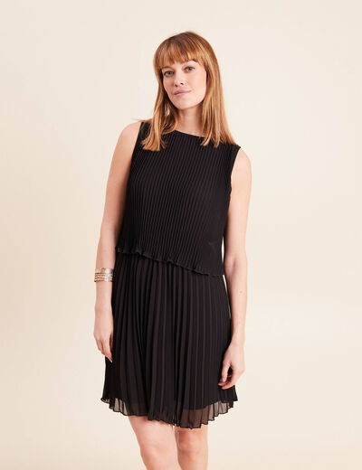 Robe pliss&eacute;e sans manches col rond noir femme