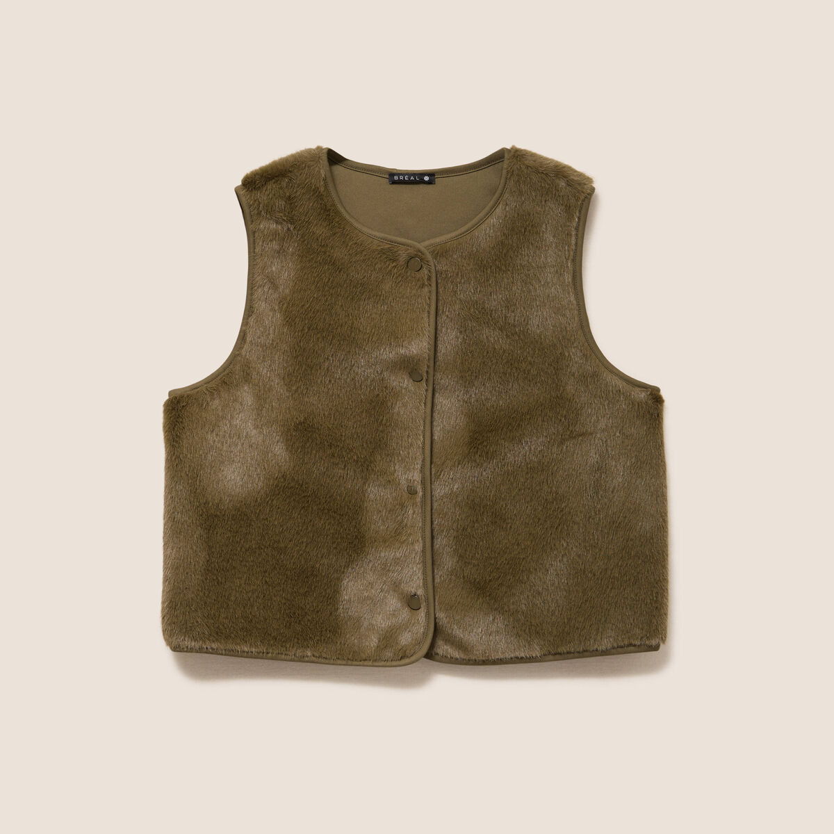 Gilet droit sans manches fausse fourrure vert kaki femme