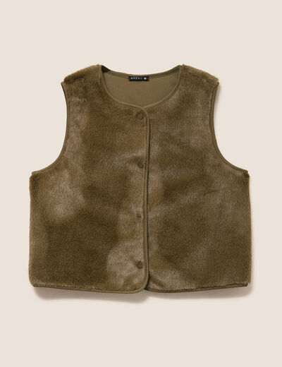 Gilet droit sans manches fausse fourrure vert kaki femme