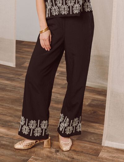 Pantalon large 7/8&egrave;me taille haute noir femme