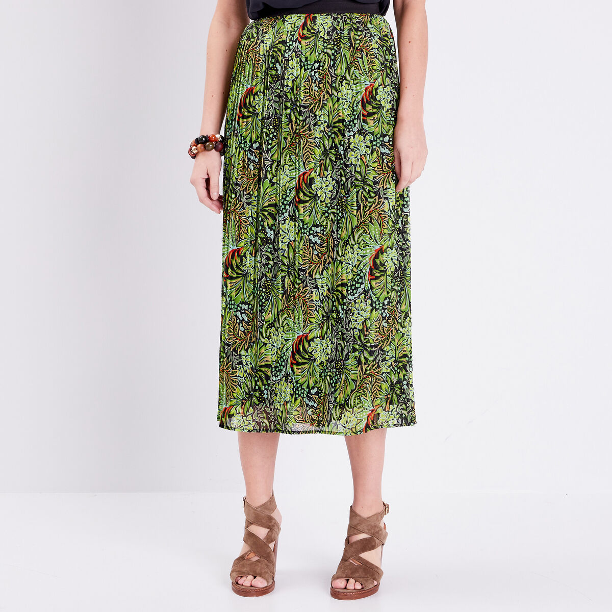 Jupe longue droite plissée vert femme