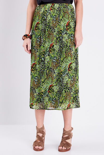 Jupe longue droite plissée vert femme