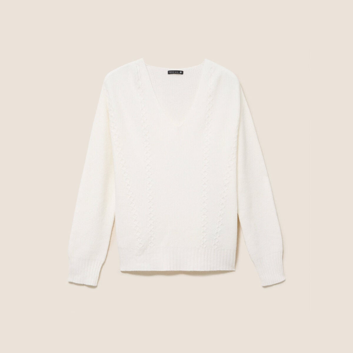 Pull col v manches longues ecru femme
