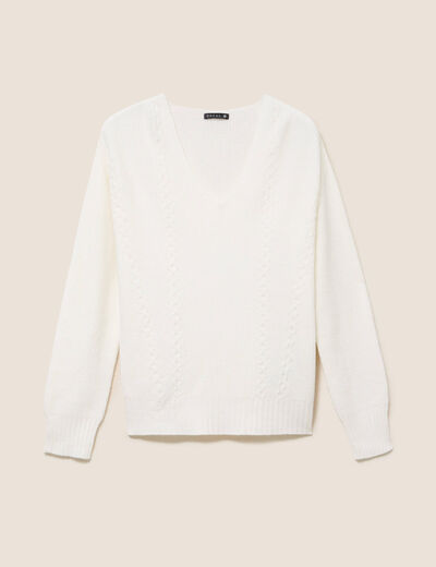 Pull col v manches longues ecru femme