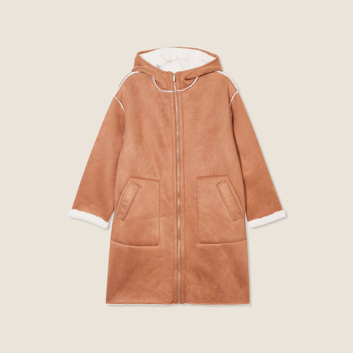 Manteau su&eacute;dine &agrave; capuche marron femme