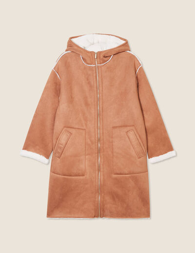 Manteau suédine à capuche marron femme
