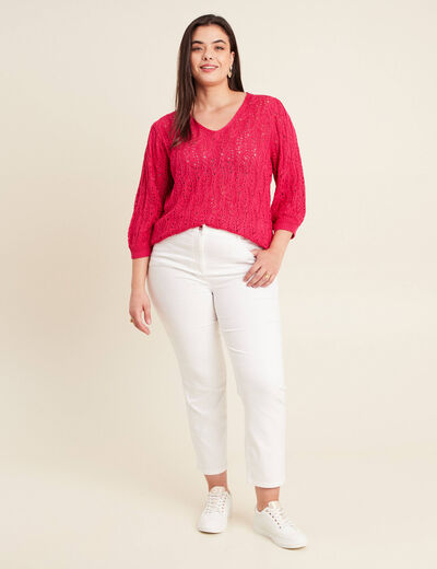 Pull manches 3/4 ajouré rose fushia femme