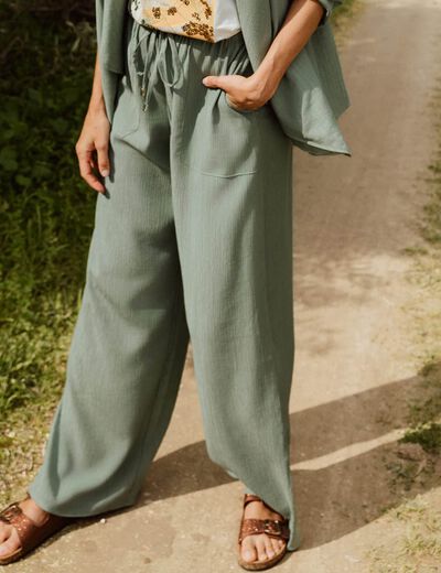 Pantalon large fluide vert kaki femme