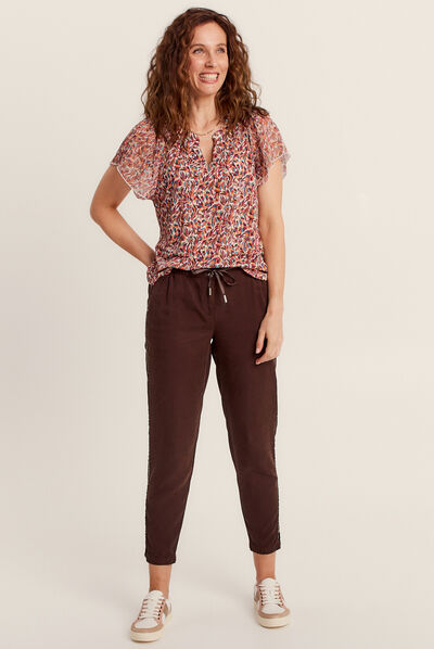 Pantalon flou taille basculée marron foncé femme