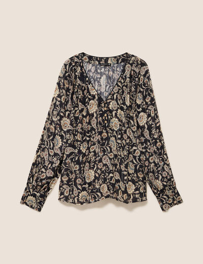 Blouse ample col v manches longues noir femme
