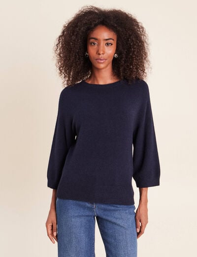 Pull droit col rond manches 3/4 bleu marine femme