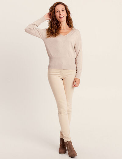 Pull manches longues col en V couleur or femme