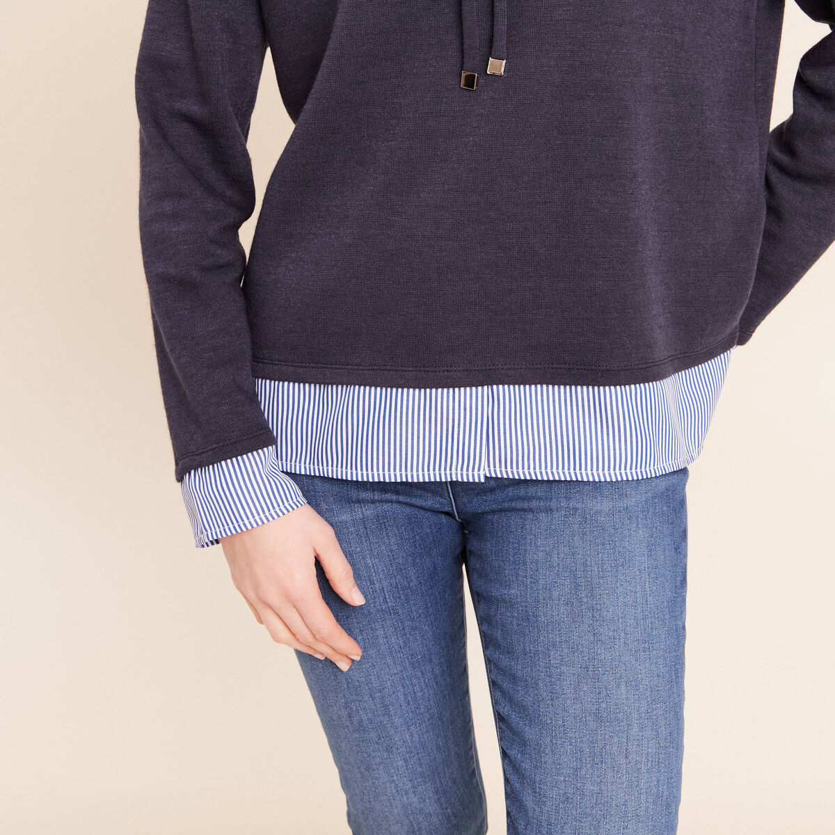 Sweat &agrave; capuche manches longues bleu marine femme