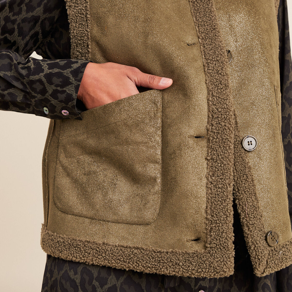 Gilet r&eacute;versible laine mouton vert kaki femme