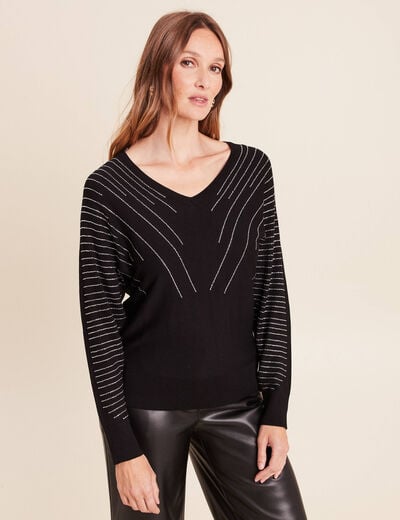 Pull ajust&eacute; col bateau strass noir femme