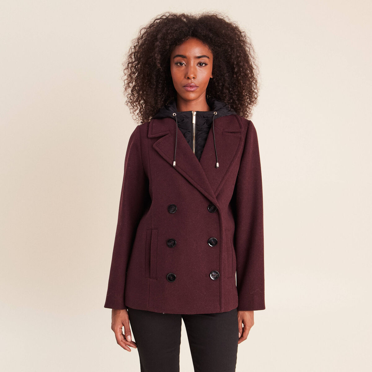 Caban doubl&eacute; avec capuche bordeaux femme