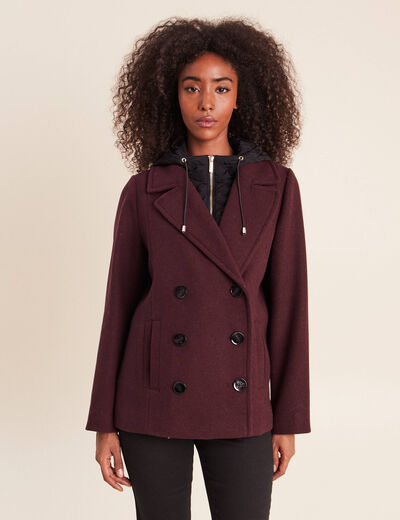 Caban doubl&eacute; avec capuche bordeaux femme