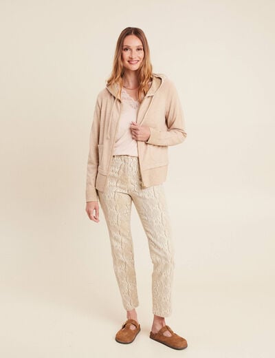 Gilet droit mi-long &agrave; capuche creme femme